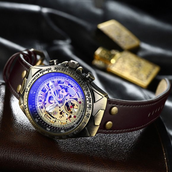 Luxury Men's Automatic Mechanical Wrist Watch Leather Strap Retro Skelet… - Picture 1 of 11